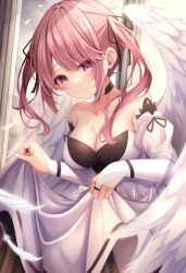 Rule 34 | 1girl, absurdres, angel, angel wings, black choker, black ribbon, breasts, bridal gauntlets, choker, clothes lift, detached sleeves, dress, dress lift, falling feathers, feathers, hair ribbon, highres, large breasts, lifting own clothes, looking at viewer, original, pink hair, ribbon, short sleeves, smile, solo, tsukasa tsubasa, twintails, white dress, wings
