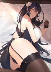 Rule 34 | 1girl, ass, azuma (azur lane), azuma (soft voice of spring) (azur lane), azur lane, bare shoulders, black gloves, black hair, black panties, black thighhighs, blush, breasts, chichikoucha, china dress, chinese clothes, dress, flower, garter straps, gloves, hair between eyes, hair flower, hair ornament, hairclip, highres, large breasts, long hair, looking at viewer, lying, on side, open mouth, panties, cameltoe, shoulder tattoo, solo, tattoo, thighhighs, thighs, underwear, very long hair, white flower, yellow eyes