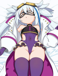 Rule 34 | 1girl, bare shoulders, cameltoe, choker, covered navel, closed eyes, flat chest, goggles, goggles on head, groin, hayanye, leotard, lying, mask, mist train girls, nail polish, on back, open mouth, purple eyes, purple nails, silver hair, skindentation, sleeping, solo, thighhighs, twintails