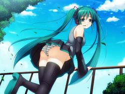 Rule 34 | 1girl, aqua eyes, aqua hair, ass, bad id, bad pixiv id, boots, cloud, day, detached sleeves, from below, hatsune miku, headphones, headset, highres, legs, long hair, maid koubou, panties, pantyshot, skirt, sky, solo, striped clothes, striped panties, thigh boots, thighhighs, twintails, underwear, upskirt, very long hair, vocaloid, wallpaper, wind