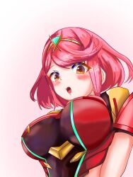 Rule 34 | 1girl, backless outfit, bob cut, breasts, chest jewel, highres, impossible clothes, kometsubu xyz, large breasts, pyra (xenoblade), red eyes, red hair, short sleeves, skindentation, swept bangs, tiara, upper body, xenoblade chronicles (series), xenoblade chronicles 2