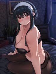 Rule 34 | 1girl, bare shoulders, black bra, black hair, black pantyhose, blush, bra, breasts, cleavage, collarbone, earrings, hairband, highres, indoors, jewelry, large breasts, long hair, long sleeves, looking at viewer, moisture (chichi), on bed, pantyhose, parted lips, red eyes, red shirt, shirt, solo, spy x family, strapless, strapless bra, underwear, white hairband, yor briar