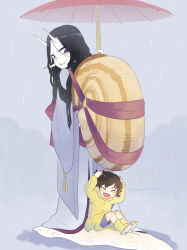 Rule 34 | 1girl, 1other, @ @, antennae, arms up, artist name, black hair, blue shorts, brown hair, closed eyes, closed mouth, full body, grey background, hands on own head, highres, holding, holding umbrella, japanese clothes, kimono, long hair, long sleeves, looking at another, looking back, monster girl, open mouth, original, pink umbrella, purple eyes, purple kimono, rain, shell, short hair, shorts, simple background, sitting, sitting on person, snail girl, snail shell, solo, twitter username, umbrella, wavy hair, wide sleeves, yamanobe saya, yellow footwear, yellow raincoat