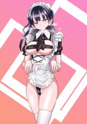 1girl alternate_costume apron bandeau black_bandeau black_capelet black_necktie black_panties blue_hair blush boku_no_kokoro_no_yabai_yatsu breasts brown_eyes capelet corset dark_blue_hair frilled_apron frills groin highleg highleg_panties highres large_breasts long_hair looking_at_viewer m2bou maid maid_apron maid_headdress necktie panties parted_lips revealing_clothes skirt_hold solo standing steam thighhighs thighs unconventional_maid underwear waist_apron white_apron white_corset white_thighhighs yamada_anna