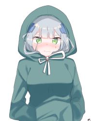 Rule 34 | 1girl, blush, closed mouth, commentary, drawstring, eyebrows hidden by hair, facial mark, girls&#039; frontline, green eyes, green hoodie, hair ornament, hands in pocket, highres, hk416 (girls&#039; frontline), hood, hood up, hoodie, long hair, long sleeves, looking at viewer, nose blush, signature, silver hair, simple background, solo, tosyeo, wavy mouth, white background