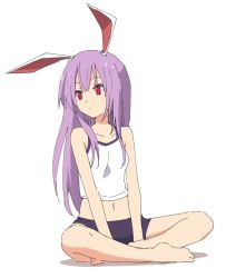 Rule 34 | 1girl, alternate costume, animal ears, barefoot, breasts, crossed legs, hair over breasts, leon (mikiri hassha), long hair, looking to the side, midriff, moon rabbit, navel, purple hair, rabbit ears, red eyes, reisen udongein inaba, simple background, singlet, sitting, solo, touhou, white background, white singlet