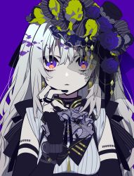 Rule 34 | 1girl, black hat, black nails, blue flower, blue rose, bonnet, commentary request, detached sleeves, eyes visible through hair, fingernails, flower, hand up, hat, highres, jewelry, long hair, looking at viewer, mini hat, mochizuki kei, nail polish, original, parted lips, purple background, purple eyes, ring, rose, silver hair, simple background, solo, upper body