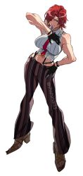 Rule 34 | 1girl, bare shoulders, black gloves, breasts, crop top, cropped shirt, gloves, large breasts, lips, lipstick, looking at viewer, makeup, mature female, midriff, navel, necktie, pants, pinstripe pants, pinstripe pattern, red eyes, red hair, red necktie, shirt, shishimai (shishimai33), short hair, sleeveless, smile, snk, solo, striped, suspenders, the king of fighters, the king of fighters xiv, vanessa (kof)