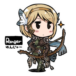 Rule 34 | &gt;:|, 10s, 1girl, :|, arrow (projectile), belt, black gloves, blonde hair, blush stickers, bow (weapon), brown eyes, closed mouth, djeeta (granblue fantasy), elbow gloves, es (eisis), feather hair ornament, feathers, fingerless gloves, gloves, granblue fantasy, green thighhighs, hair ornament, hairband, holding, holding weapon, quiver, ranger (granblue fantasy), short hair, shoulder pads, simple background, solo, sparkle, thighhighs, v-shaped eyebrows, weapon, white background, zettai ryouiki