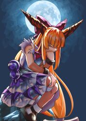 Rule 34 | 1girl, a-xii, blunt bangs, bow, bowtie, brown horns, commentary request, full body, full moon, gourd, hair bow, hand on own chin, highres, horns, ibuki suika, long hair, looking down, low-tied long hair, medium bangs, moon, orange hair, purple skirt, red bow, red bowtie, shirt, sidelocks, skirt, sleeveless, sleeveless shirt, socks, solo, touhou, very long hair, white shirt, white socks, yellow eyes