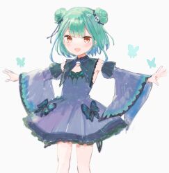 Rule 34 | 1girl, blue dress, blue hair, blue sleeves, blush, bug, butterfly, detached sleeves, double bun, dress, flat chest, green hair, hair bun, hair ornament, hair ribbon, highres, hololive, insect, looking at viewer, multicolored hair, nprmtp, open mouth, red eyes, ribbon, simple background, skull hair ornament, solo, uruha rushia, uruha rushia (1st costume), virtual youtuber, wide sleeves