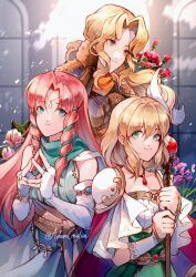 Rule 34 | 3girls, armor, blonde hair, blue eyes, brigid (fire emblem), brown gloves, circlet, closed mouth, creyton, dress, eyvel, feather hair ornament, feathers, fingerless gloves, fire emblem, fire emblem: genealogy of the holy war, fire emblem: thracia 776, gloves, green eyes, hair ornament, highres, holding, holding staff, jewelry, linoan (fire emblem), long hair, looking at viewer, looking to the side, multiple girls, nanna (fire emblem), necklace, nintendo, orange eyes, pink hair, short hair, shoulder armor, staff, wavy hair, white gloves