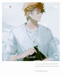 Rule 34 | 1boy, battery indicator, blue eyes, cloud, english text, genshin impact, highres, jewelry, long sleeves, looking to the side, male focus, necklace, orange hair, parted lips, recording, shirt, sky, solo, tartaglia (genshin impact), timer, to e, upper body, viewfinder, white shirt, white sky