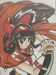 Rule 34 | 1girl, ainu clothes, alternate costume, black hair, blue eyes, breasts, fighting stance, fingerless gloves, gloves, hair ribbon, highres, legs, long hair, looking at viewer, medium breasts, nakoruru, pants, ribbon, samurai spirits, smile, snk, solo, the king of fighters, thighs, traditional media, weapon