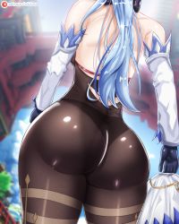 Rule 34 | 1girl, ass, ass focus, blue hair, bodysuit, breasts, detached sleeves, from behind, ganyu (genshin impact), genshin impact, gloves, head out of frame, highres, huge ass, leotard, long hair, o22no, pantyhose, patreon username, shiny clothes, shiny skin, skin tight, solo, very long hair