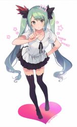 Rule 34 | 1girl, :o, black ribbon, black skirt, black thighhighs, collarbone, commentary request, full body, green eyes, green hair, hair ornament, hand on own hip, hatsune miku, heart, index finger raised, leaning forward, long hair, looking at viewer, miniskirt, nagu, neck ribbon, no shoes, parted lips, pleated skirt, ribbon, shirt, short sleeves, sidelocks, simple background, skirt, solo, standing, star (symbol), thighhighs, twintails, twitter username, v-shaped eyebrows, very long hair, vocaloid, wavy hair, white background, white shirt, world is mine (vocaloid), zettai ryouiki