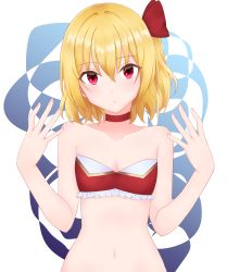 Rule 34 | 1girl, absurdres, blonde hair, bow, bra, breasts, choker, cleavage, closed mouth, collarbone, flandre scarlet, frilled bra, frills, frown, hair between eyes, hair bow, highres, jyu-so, looking at viewer, navel, red bow, red bra, red choker, red eyes, short hair, side ponytail, small breasts, solo, strapless, strapless bra, touhou, underwear, upper body, white background