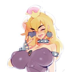 Rule 34 | 1girl, armlet, bare shoulders, black gloves, black leotard, black nails, blonde hair, blue eyes, bob-omb, bowsette, bracelet, breasts, brooch, cellphone, collar, covered erect nipples, doxy, earrings, eyeshadow, fingerless gloves, gloves, hair between eyes, heart, heart-shaped pupils, horns, huge breasts, impossible clothes, impossible leotard, jewelry, leotard, licking lips, long hair, makeup, mario (series), nail polish, new super mario bros. u deluxe, nintendo, one eye closed, perky breasts, phone, selfie, sharp teeth, smartphone, solo, spiked armlet, spiked bracelet, spiked collar, spikes, strapless, strapless leotard, super crown, symbol-shaped pupils, teeth, thick eyebrows, tongue, tongue out, white background
