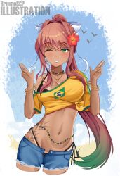 Rule 34 | 1girl, absurdres, alternate costume, artist name, bandaid, bandaid on face, bead necklace, beads, bikini, bikini under clothes, black bikini, blue shorts, blush, bow, bracelet, brazilian flag print, brazilian miku, breasts, brown hair, bruunoscp, buttons, cleavage, collarbone, cosplay, cropped legs, cutoffs, denim, denim shorts, doki doki literature club, earrings, flower, gradient hair, green eyes, green hair, green nails, green trim, grin, hair between eyes, hair bow, hair flower, hair intakes, hair ornament, hands up, hatsune miku, hatsune miku (cosplay), hibiscus, highres, jewelry, long hair, looking at viewer, medium breasts, monika (doki doki literature club), multicolored hair, multicolored nails, musical note, navel, navel piercing, necklace, off shoulder, one eye closed, open clothes, open fly, open shorts, piercing, ponytail, red flower, shirt, short shorts, short sleeves, shorts, single bare shoulder, smile, solo, swimsuit, tan, tanline, tanline peek, tied shirt, torn clothes, torn shorts, unbuttoned, vocaloid, white bow, yellow nails, yellow shirt