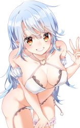 Rule 34 | 1girl, bare shoulders, bikini, blue hair, breasts, brown eyes, cleavage, collarbone, commentary request, covered erect nipples, halterneck, heart o-ring, heart ring top, highres, large breasts, lips, long hair, looking at viewer, original, panties, parted lips, sakippo (sakippo0), shiny skin, side-tie bikini bottom, sidelocks, simple background, smile, solo, swimsuit, thigh strap, underwear, wardrobe malfunction, white background