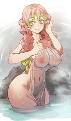 Rule 34 | 1girl, blush, bow (bhp), braid, breasts, cleavage, closed mouth, collarbone, covered erect nipples, covered navel, covering privates, gradient hair, green eyes, green hair, hand in own hair, holding, holding towel, kanroji mitsuri, kimetsu no yaiba, large breasts, long hair, looking to the side, mole, mole under each eye, mole under eye, multicolored hair, multiple moles, naked towel, nipples, nude cover, onsen, pink hair, raised eyebrows, rock, smile, solo, standing, thighs, towel, twin braids, two-tone hair, wading