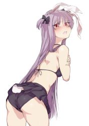 Rule 34 | 1girl, alternate hairstyle, animal ears, ass, back, bikini, black bra, black panties, blush, bow, bra, geppewi, hair bow, hair ornament, light purple hair, lingerie, long hair, looking at viewer, looking back, miniskirt, open mouth, panties, rabbit ears, rabbit girl, rabbit tail, red eyes, reisen udongein inaba, simple background, skirt, solo, swimsuit, tail, tears, touhou, twintails, underwear, very long hair, white background