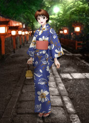 Rule 34 | 1girl, blue kimono, brown eyes, brown hair, highres, japanese clothes, kimono, original, short hair, solo, yui toshiki, yukata