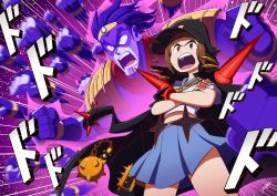 Rule 34 | 1girl, absurdres, angry, banchou, black headwear, bob cut, bracelet, brown eyes, crescent, crescent pin, crossed arms, crossover, delinquent, flail, gamagoori ira, hat, highres, jacket, jacket on shoulders, jeetdoh, jewelry, jojo no kimyou na bouken, kill la kill, mankanshoku mako, open clothes, open jacket, open mouth, parody, pleated skirt, punching, school uniform, serafuku, short hair, skirt, sound effects, spiked bracelet, spikes, star platinum, weapon