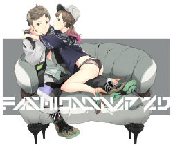 Rule 34 | 1boy, 1girl, ass, bad id, bad pixiv id, baseball cap, brown hair, couch, frown, green eyes, grey hat, hand on own cheek, hand on own face, hat, hetero, high heels, hug, nike (company), nike lebron 11, no pants, original, panties, print shirt, shirt, shoes, sitting, smile, sneakers, streetwear, twintails, underwear, yoshito