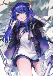 Rule 34 | 1girl, arknights, asymmetrical gloves, black jacket, black shorts, blue eyes, blue gloves, blue hair, character name, commentary request, cowboy shot, coyucom, fur-trimmed jacket, fur trim, gloves, halo, horns, jacket, long hair, long sleeves, looking at viewer, mismatched gloves, mostima (arknights), parted lips, partial commentary, shirt, short shorts, shorts, smile, solo, standing, thighs, white gloves, white shirt