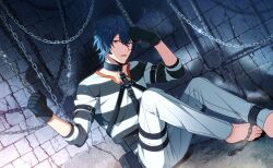 Rule 34 | 1boy, barefoot, black gloves, black hair, brick wall, chain, chained, cuffs, gloves, gray reverse, hair between eyes, handcuffs, happy elements, helios rising heroes, highres, male focus, official art, orange eyes, pants, prison clothes, solo, third-party source, toenails, toes, white pants