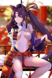 Rule 34 | 1girl, absurdres, armor, asymmetrical sleeves, black hat, blue eyes, blue panties, blurry, blurry background, breasts, cleavage, closed mouth, fate/grand order, fate (series), faulds, floating hair, hair intakes, hand on hilt, hat, highres, japanese armor, katana, kusazuri, lims (neko2lims), long hair, medium breasts, mismatched sleeves, navel, panties, pom pom (clothes), purple hair, revealing clothes, sheath, sheathed, sitting, smile, solo, sword, twintails, underwear, ushiwakamaru (fate), very long hair, weapon