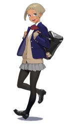 Rule 34 | 1girl, aged down, bag, beige cardigan, black footwear, black pantyhose, blonde hair, blue eyes, bow, bowtie, cardigan, commentary, dark-skinned female, dark skin, flat chest, ganbare douki-chan, highres, charm (object), looking at viewer, pantyhose, red bow, red bowtie, school bag, school uniform, shinjin-chan (douki-chan), short hair, simple background, skirt, smile, solo, white background, yomu (sgt epper)