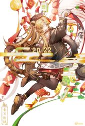 Rule 34 | 1girl, 2022, :d, animal ears, arknights, artist name, bag, black headwear, black jacket, black thighhighs, blonde hair, chinese new year, dress, from behind, full body, fur shawl, green eyes, highres, holding, jacket, lantern, long hair, looking at viewer, looking back, mido (mido chen), multicolored hair, official alternate costume, open clothes, open jacket, open mouth, paper airplane, paper lantern, red dress, red hair, scroll, shawl, shoes, simple background, smile, solo, streaked hair, swire (arknights), swire (honor and splendor) (arknights), tail, tassel, thighhighs, tiger ears, tiger girl, tiger tail, two-tone hair, very long hair, white background, zettai ryouiki