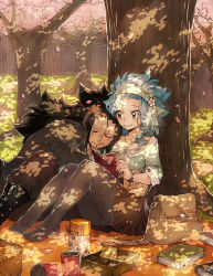 Rule 34 | 1boy, 1girl, bad id, bad tumblr id, bag, basket, bento, black hair, black pantyhose, blue hair, book, cherry blossoms, closed eyes, cup, fairy tail, falling petals, gajeel redfox, grass, hairband, highres, holding, holding book, hug, levy mcgarden, long hair, looking at another, medium hair, pantyhose, petals, rusky, skirt, smile