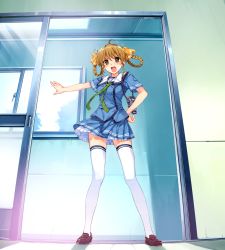 Rule 34 | 1girl, :d, ahoge, blue serafuku, blue shirt, blue skirt, blush, bow, braid, brown eyes, brown footwear, brown hair, camera, chidori minamo, collared shirt, full body, game cg, green neckerchief, hair bow, indoors, loafers, long hair, miniskirt, misaki kurehito, neckerchief, official art, open mouth, orange bow, outstretched arm, pleated skirt, sailor collar, sailor shirt, school, school uniform, serafuku, shirt, shoes, short sleeves, skirt, smile, smile cubic!, solo, standing, thighhighs, twin braids, v-shaped eyebrows, white sailor collar, white thighhighs, zettai ryouiki