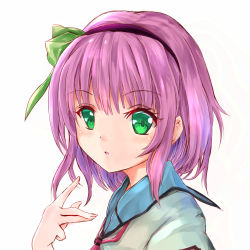 Rule 34 | 1girl, :o, angel beats!, arm up, blue sailor collar, blush, commentary request, crossed fingers, green eyes, hair ribbon, hairband, highres, ikazuchi akira, index finger raised, looking at viewer, mixed-language commentary, neckerchief, pink neckerchief, purple hair, ribbon, sailor collar, school uniform, serafuku, short hair, simple background, solo, upper body, white background, nakamura yuri