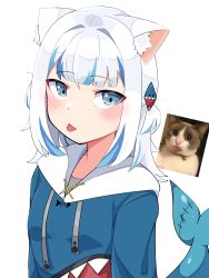Rule 34 | 1girl, :p, absurdres, animal costume, animal hood, blue eyes, blue hair, blue hoodie, blunt bangs, blush, cat, fins, fish tail, gawr gura, gawr gura (1st costume), grey hair, hair ornament, highres, hololive, hololive english, hood, hoodie, looking at viewer, multicolored hair, photo-referenced, photo inset, shark costume, shark girl, shark hair ornament, shark hood, shark tail, sidelocks, skkazu1, solo, streaked hair, tail, tongue, tongue out, two side up, virtual youtuber