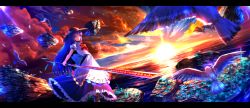 Rule 34 | 1girl, bird, blue hair, blurry, boots, bow, dress, female focus, food, fruit, hat, highres, hinanawi tenshi, letterboxed, long hair, ocean, peach, red eyes, revision, ryosios, solo, standing, sunset, sword of hisou, touhou