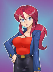 Rule 34 | 1girl, absurdres, black skirt, blue background, blue eyes, blue jacket, breasts, cleavage, collarbone, cowboy shot, creatures (company), cropped jacket, female focus, game freak, glasses, hair tie, hand on own hip, highres, jacket, large breasts, lips, long hair, long sleeves, looking at viewer, lorelei (pokemon), nauth, nintendo, outline, parted lips, pencil skirt, pokemon, pokemon (anime), pokemon (classic anime), ponytail, purple background, red hair, red shirt, shirt, simple background, skirt, solo, standing, teeth, white outline