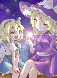 Rule 34 | 2girls, alice margatroid, alice margatroid (pc-98), artist request, bad id, bad pixiv id, blonde hair, blue eyes, gradient background, hair between eyes, kirisame marisa, kirisame marisa (pc-98), long hair, multiple girls, one eye closed, open mouth, short hair, smile, star (symbol), touhou, touhou (pc-98), yellow eyes