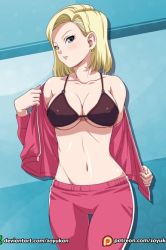 Rule 34 | 1girl, android 18, black bra, blonde hair, blue eyes, blush, bra, breasts, cleavage, collarbone, dragon ball, dragonball z, earrings, jacket, jewelry, large breasts, looking at viewer, navel, open clothes, open jacket, pants, red jacket, red pants, short hair, solo, standing, track jacket, underwear, undressing, zoyukan