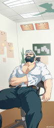 Rule 34 | 1boy, absurdres, arm hair, bara, beard, bulge, chest hair, collared shirt, drooling, erection, erection under clothes, facial hair, feet out of frame, hairy, highres, incredibly absurdres, large pectorals, male focus, mature male, mouth drool, muscular, muscular male, mustache, navel hair, o2h (oblivionh), original, partially unbuttoned, pectoral cleavage, pectorals, salaryman, scratching stomach, shirt, sideburns, sleepy, solo, spread legs, thick eyebrows, thick mustache, thick thighs, thighs