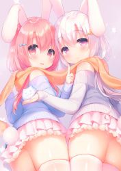 Rule 34 | 2girls, :d, animal ears, ass, bare shoulders, blue sweater, blush, brown footwear, closed mouth, commentary request, grey sweater, hair between eyes, hair ornament, hairclip, highres, index finger raised, long hair, long sleeves, looking at viewer, looking back, multiple girls, off-shoulder, off-shoulder sweater, off shoulder, open mouth, orange scarf, original, pink skirt, pleated skirt, purple eyes, rabbit ears, rabbit girl, rabbit tail, red eyes, red hair, sakura (usashiro mani), scarf, shared clothes, shared scarf, shoe soles, silver hair, skindentation, skirt, sleeves past wrists, smile, snow, snowflakes, standing, sweater, tail, thighhighs, usashiro mani, very long hair, white legwear