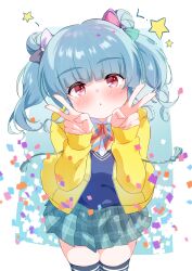 Rule 34 | 1girl, :o, absurdres, blue background, blue hair, blue skirt, blue sweater, blue thighhighs, blunt bangs, blush, border, bow, bowtie, collared shirt, dot nose, double v, drawstring, hair bow, hands on own cheeks, hands on own face, hands up, head tilt, highres, hood, hood down, hooded jacket, hyodou shizuku, idoly pride, jacket, legs together, long hair, looking at viewer, open clothes, open jacket, orange bow, orange bowtie, outside border, parted lips, plaid, plaid skirt, pleated skirt, purin (user mrsf8772), red eyes, school uniform, shirt, short twintails, simple background, skirt, solo, star (symbol), striped bow, striped bowtie, striped clothes, sweater, thighhighs, thighs, twintails, v, v-neck, white border, white shirt, yellow jacket, zettai ryouiki