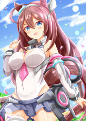 Rule 34 | 1girl, :d, ahoge, animal ears, bad id, bad pixiv id, bare shoulders, between breasts, blue eyes, blue skirt, blue sky, blush, breasts, brown hair, cloud, commentary request, covered navel, day, detached sleeves, fence, hair between eyes, highres, horse ears, horse girl, horse tail, large breasts, leotard, long hair, long sleeves, looking at viewer, mihono bourbon (umamusume), miniskirt, open mouth, outdoors, pleated skirt, skirt, sky, smile, solo, tail, umamusume, very long hair, white leotard, xenon (for achieve)