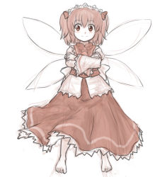 Rule 34 | 1girl, barefoot, blush stickers, crossed arms, female focus, full body, highres, kuro suto sukii, short hair, short twintails, simple background, sketch, skirt, smile, solo, sunny milk, touhou, twintails, white background, wings