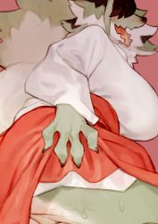 Rule 34 | 1girl, bebebe, blush, breasts, brown hair, claws, clothes lift, female focus, furry, furry female, grey hair, hair over eyes, hakama, hakama lift, hakama skirt, huge breasts, inazuma (bebebe), japanese clothes, kimono, lifted by self, long sleeves, miko, multicolored hair, no panties, nose blush, open mouth, original, out-of-frame censoring, partially visible vulva, pink background, pussy, pussy juice, red hakama, sharp teeth, simple background, skirt, solo, sweat, tail, teeth, tongue, two-tone hair, white kimono, wolf tail