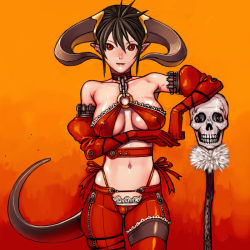 Rule 34 | 1girl, bare shoulders, black hair, breasts, choker, cleavage, demon girl, detached sleeves, elbow gloves, covered erect nipples, fantasy masters, gloves, horns, kdog, large breasts, midriff, navel, pointy ears, red eyes, skull, solo, tail
