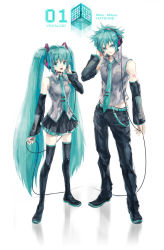 Rule 34 | 1boy, 1girl, bad id, bad pixiv id, boots, clone, detached sleeves, dual persona, genderswap, genderswap (ftm), green hair, hatsune miku, hatsune mikuo, long hair, necktie, pants, stecky, thigh boots, thighhighs, twintails, very long hair, vocaloid